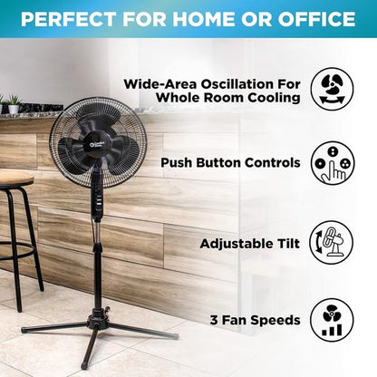 Comfort Zone 16-Inch Oscillating Pedestal Fan - High-Velocity 3-Speed Cooling, Adjustable Height & Tilt, Black
