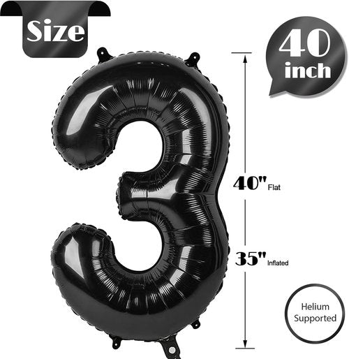 Black Number 3 Balloon - 40 Inch 3rd Birthday Celebration Decor for Kids & Adults | Perfect for Parties