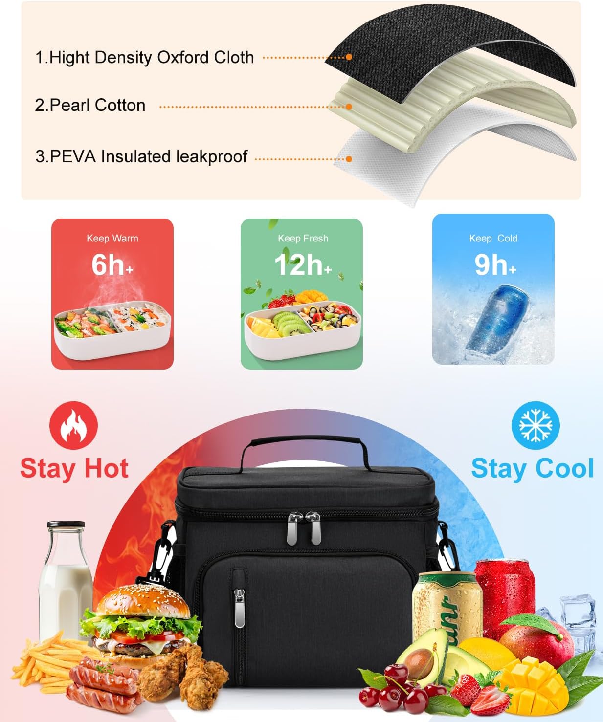Skiennix Insulated Lunch Bag - 9L Leakproof Soft Cooler Tote with 5 Pockets | Adjustable Strap - Black