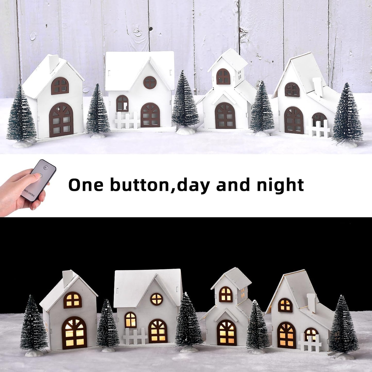 Ovootok Christmas Sculpture Set - 9-Piece Wood & Plastic Decor with 4 LED Houses & 5 Frosted Trees