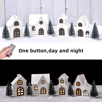 Ovootok Christmas Sculpture Set - 9-Piece Wood & Plastic Decor with 4 LED Houses & 5 Frosted Trees