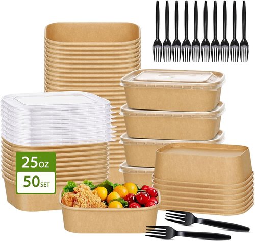 DI QIU REN 50-Pack 25oz Paper Bowls - Disposable Meal Prep Containers with Lids & Forks | Kraft Rectangular Design