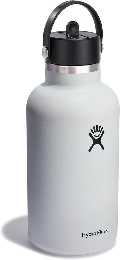 Hydro Flask Water Bottle - Insulated Stainless Steel with Wide Mouth Flex Straw Lid | 64 Oz White, Leakproof & Refillable