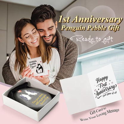 First Anniversary Penguin Pebble Keepsake Gift for Men and Women - 1st Year Anniversary Card Included - Jubilora