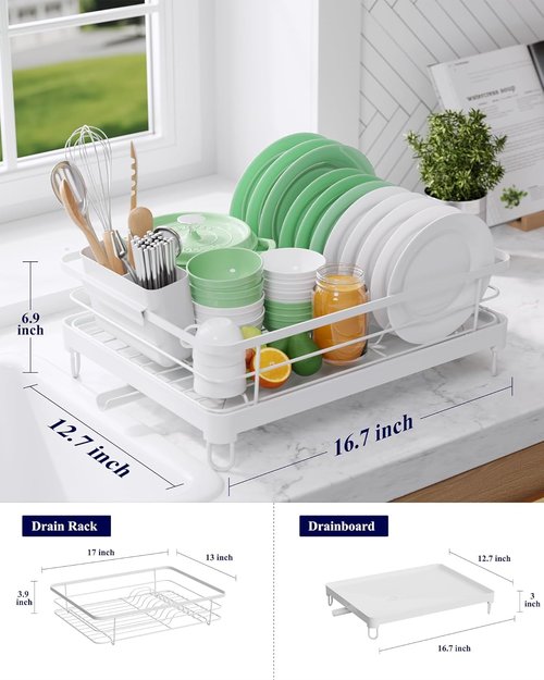 Kitsure Dish Drying Rack - Stainless Steel Kitchen Sink Organizer with Cutlery Holder | 12.7''W x 16.7''L, White