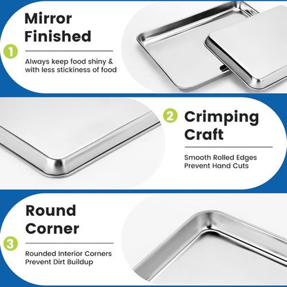 BIEAMA Stainless Steel Baking Sheet Pans - 6 Pack Cookie Sheets for Toaster Oven | Rust-Resistant, Dishwasher Safe, 17.3" L × 12.2" W × 1" H