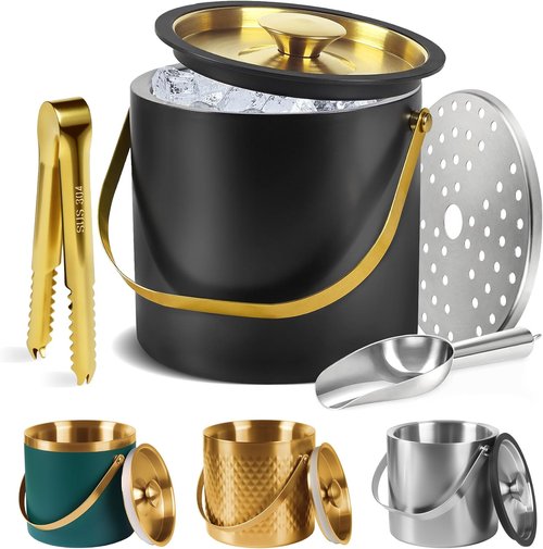 4L Ice Bucket, Ice Bucket with Silicone Sealing Ring Double-wall Vacuum Insulation Champagne Buckets with Filter Layer Ice Tongs Ice Scoop (Black)
