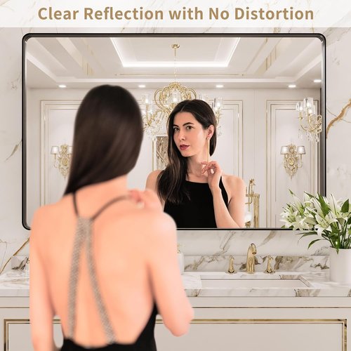 LOAAO Black Metal Framed Bathroom Mirror - 48x40 Inch Rounded Rectangle | Anti-Rust, Versatile Hanging Options