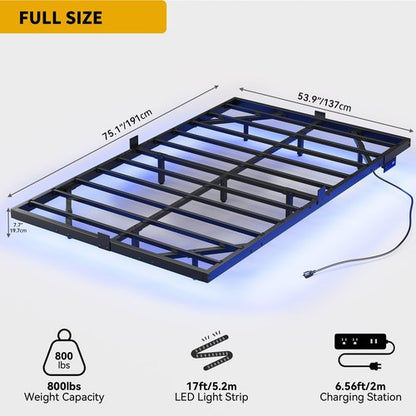 DWVO Full-Size Floating Bed Frame, Metal Platform Bed with LED Light, Charging Hub and Sturdy Steel Slats, Box Spring No Needed, Simple Setup (Black)