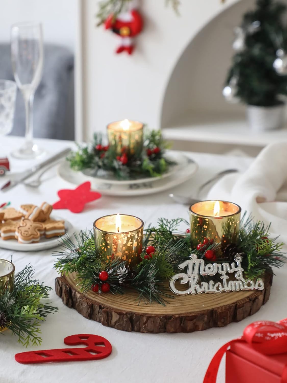 Regine Switzerland Christmas Candle Ring - 4 Pcs Votive Candles with Red Berry & Pinecone | Festive Table Centerpiece Decor