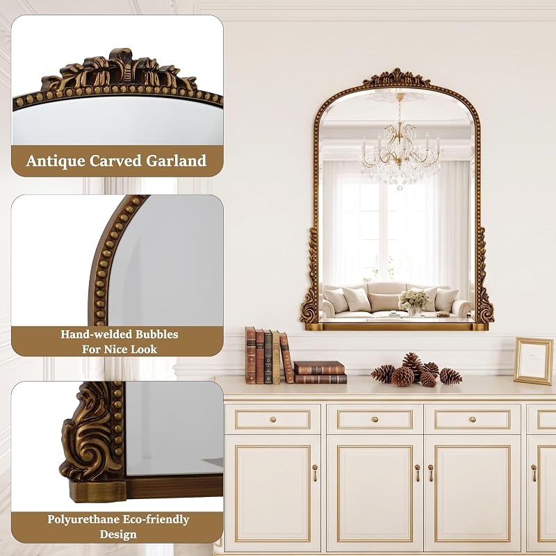 28x40 in Vintage Baroque Wall Mirror with Gold Finish, Arched Frame — Variation: Gold+40"L x 28"W