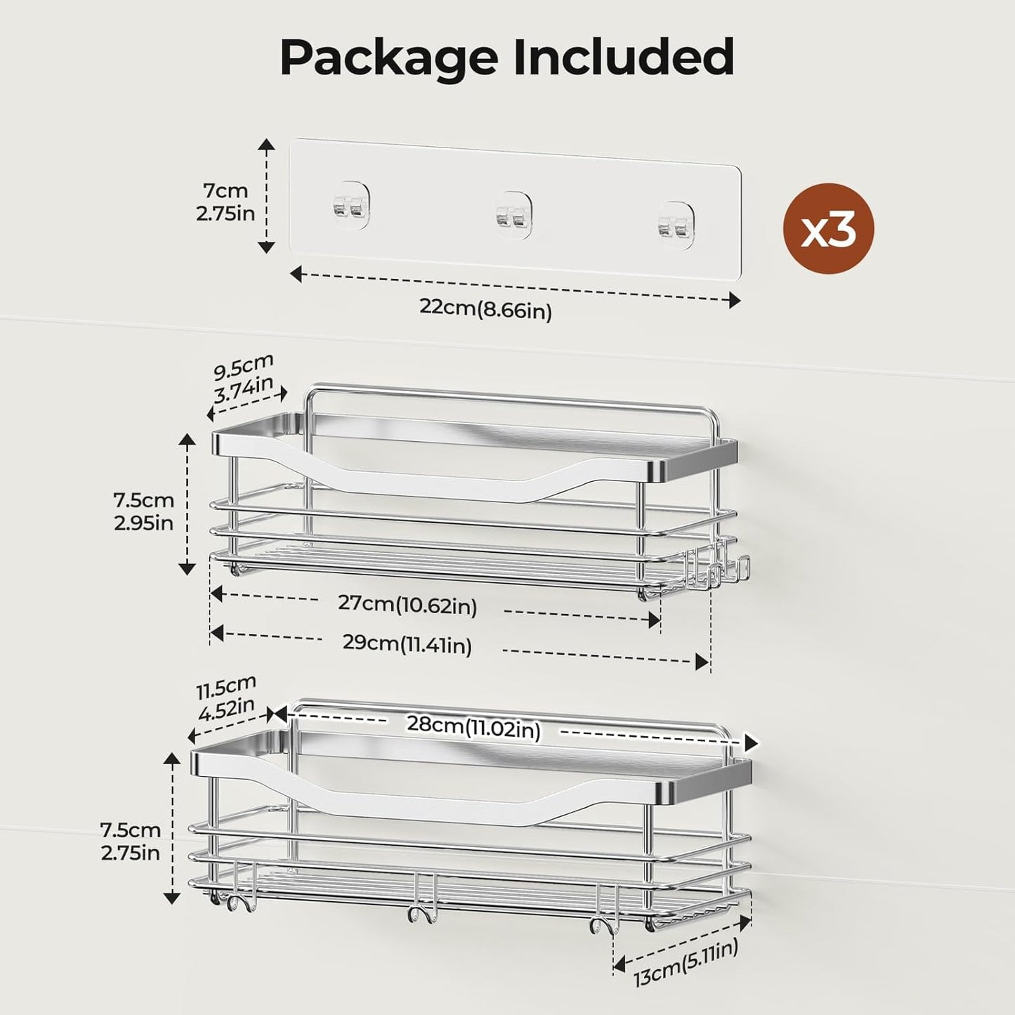 Orimade Shower Caddy | Wall-Mounted Storage Rack - Rust-Resistant Stainless Steel, Pack of 2 with 5 Hooks