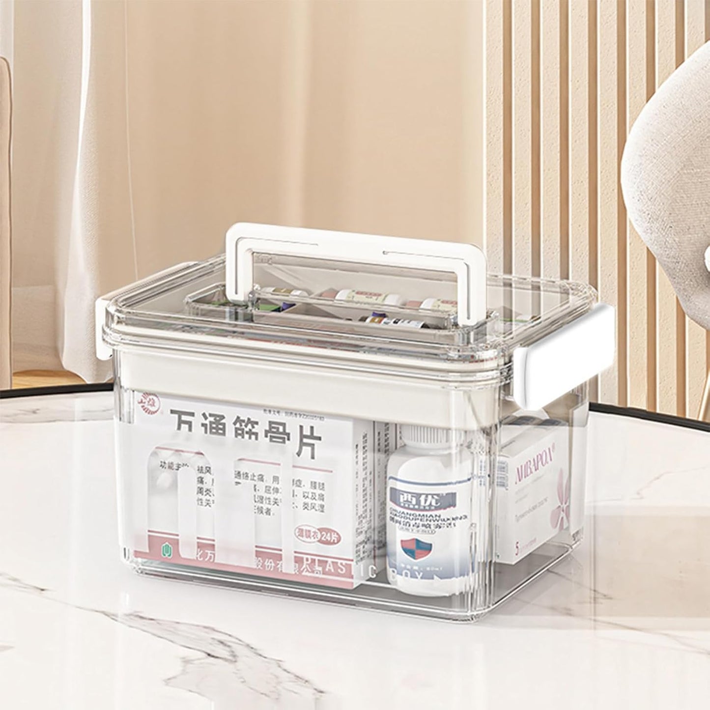 Skiennix Medicine Storage Box - Clear Plastic Organizer with Handles & Removable Tray for Home, Office & Travel