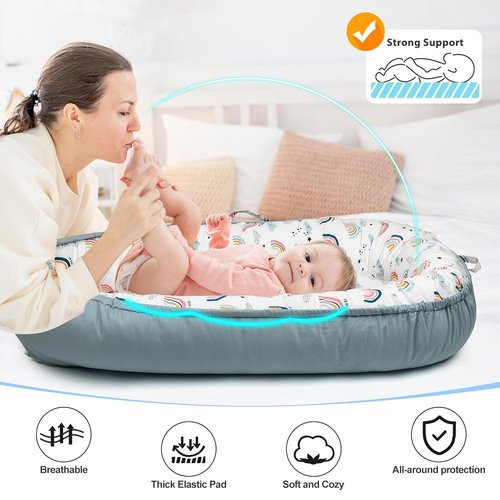 BUTOA Baby Lounger - Soft & Breathable Newborn Nest for 0-24 Months | Portable & Lightweight (Blue-Rainbow)