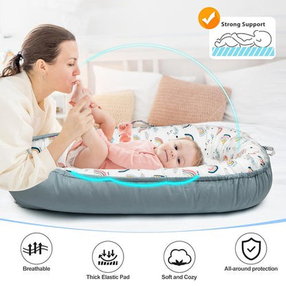 BUTOA Baby Lounger - Soft & Breathable Newborn Nest for 0-24 Months | Portable & Lightweight (Blue-Rainbow)
