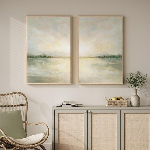 Framed Sage Green Abstract Wall Art - Large Set of 2 Minimalist Canvas Prints | 24x36 Inch for Living Room & Office