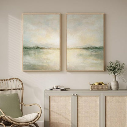 Framed Sage Green Abstract Wall Art - Large Set of 2 Minimalist Canvas Prints | 24x36 Inch for Living Room & Office