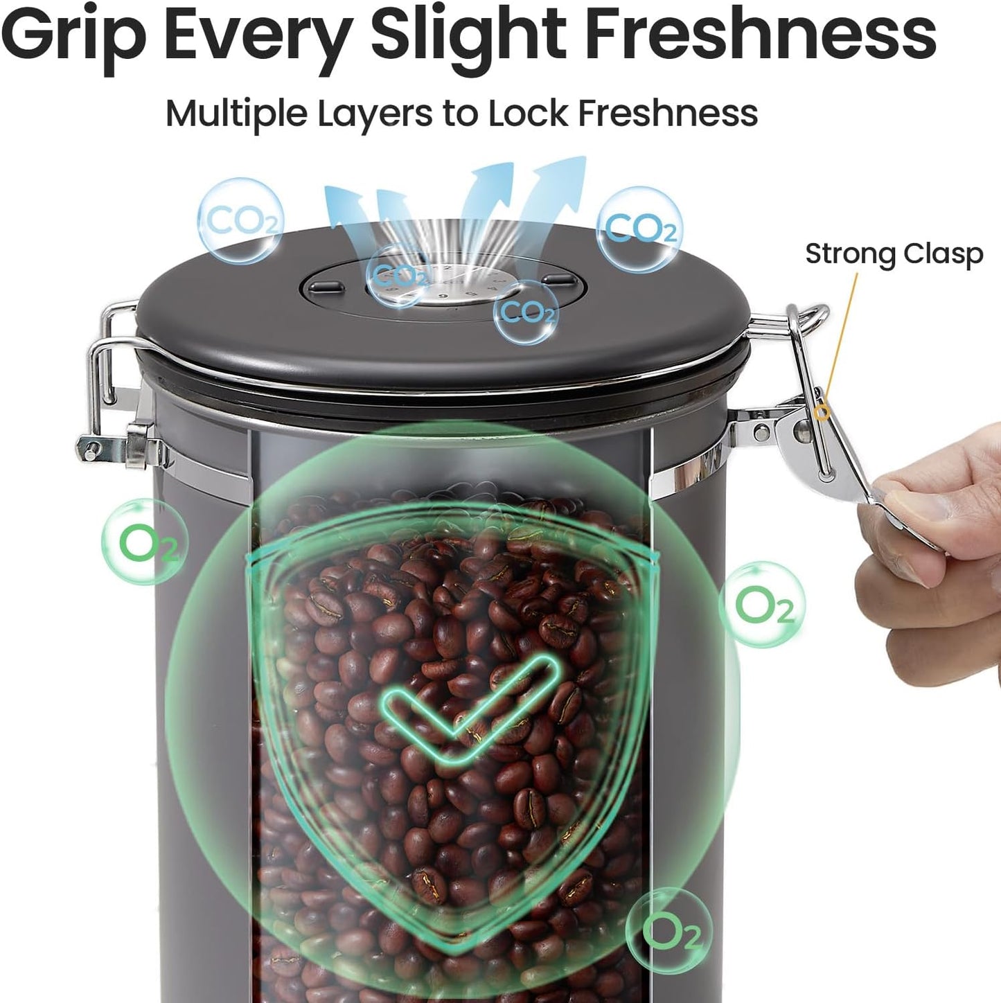 Veken Airtight Coffee Canister - Stainless Steel Food Storage Container with Date Tracker & Scoop | 16oz Gray