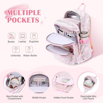 Corduroy Girls Backpack Set with Lunch Box & Pencil Pouch - Beigepink Bow (4-Piece)