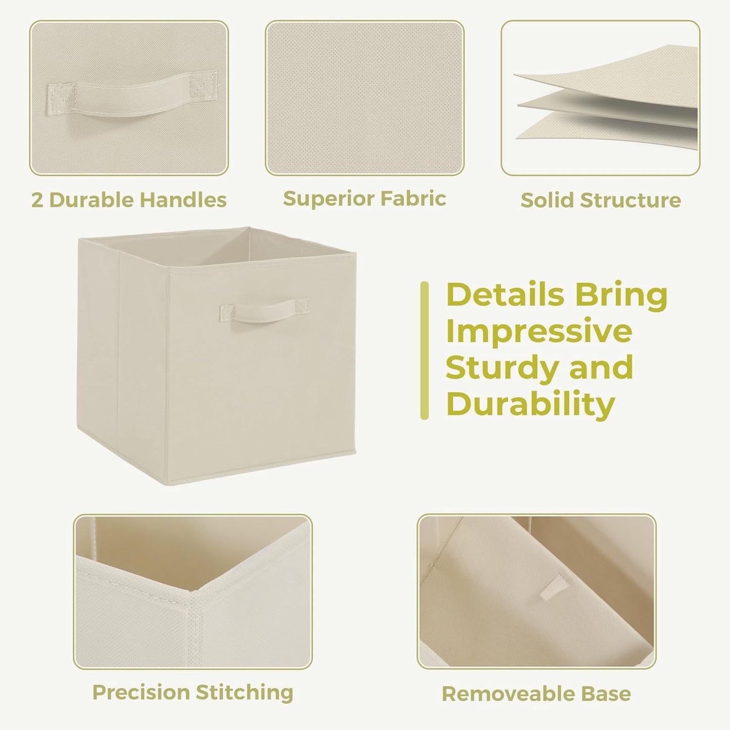 Skiennix 11x11 Storage Bins - Set of 8 Collapsible Fabric Organizers with Handles | Beige
