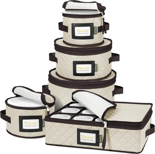 BALEINE Quilted Wine Glass Storage Containers - Sturdy Plate Organizer with Carry Handles | Soft Shell Cream