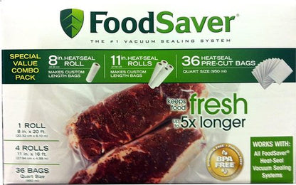 FoodSaver Vacuum Seal Combo Pack - Includes 1-8" Roll, 4-11" Rolls & 36 Pre-Cut Bags