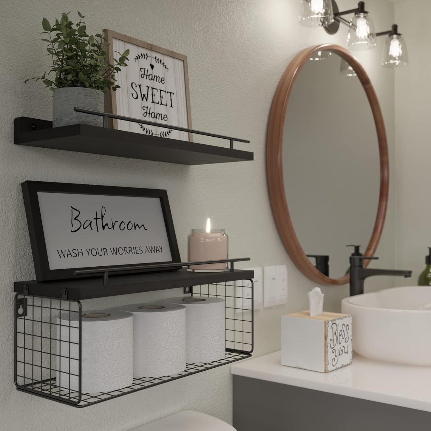 WOPITUES Floating Wall Shelves - Stylish Bathroom Organizers with Metal Guardrail | Black Finish