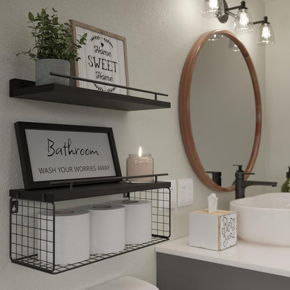 WOPITUES Floating Wall Shelves - Stylish Bathroom Organizers with Metal Guardrail | Black Finish