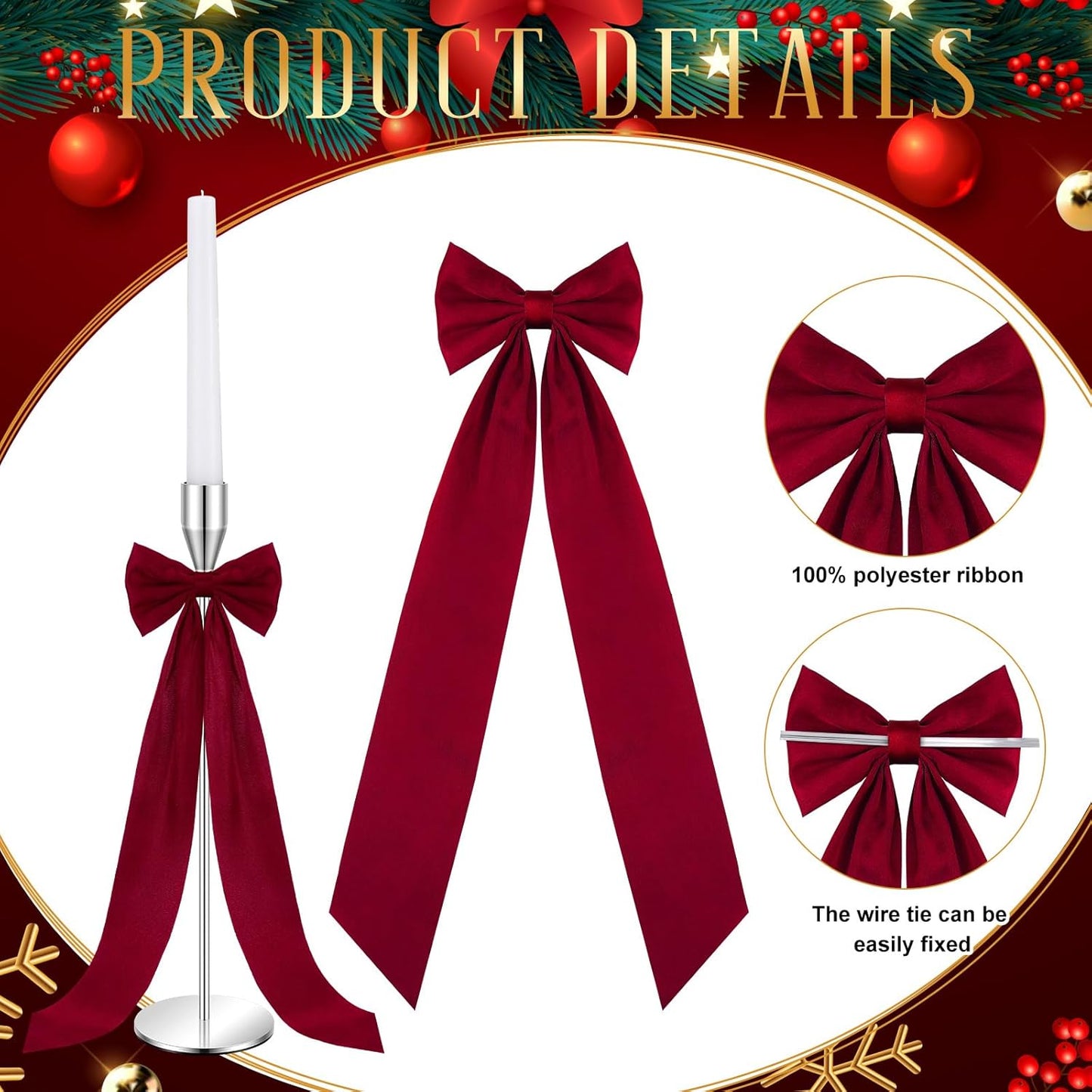 Teenyyou 12 Pcs Red Valentines Candlestick Bows - 13 Inch Large Self-Adhesive Table Decor for Weddings & Parties