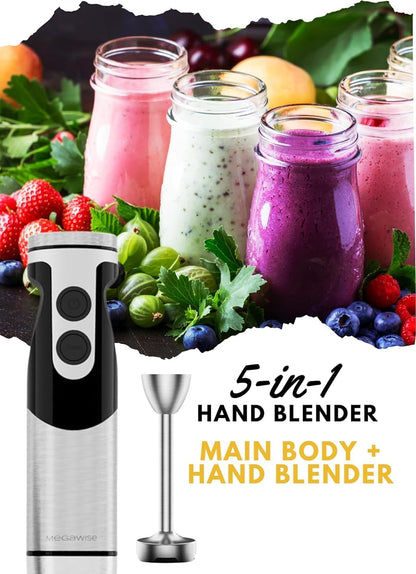 MegaWise Pro Immersion Hand Blender - 5-in-1 with Powerful Motor & 12 Speeds | Black Finish