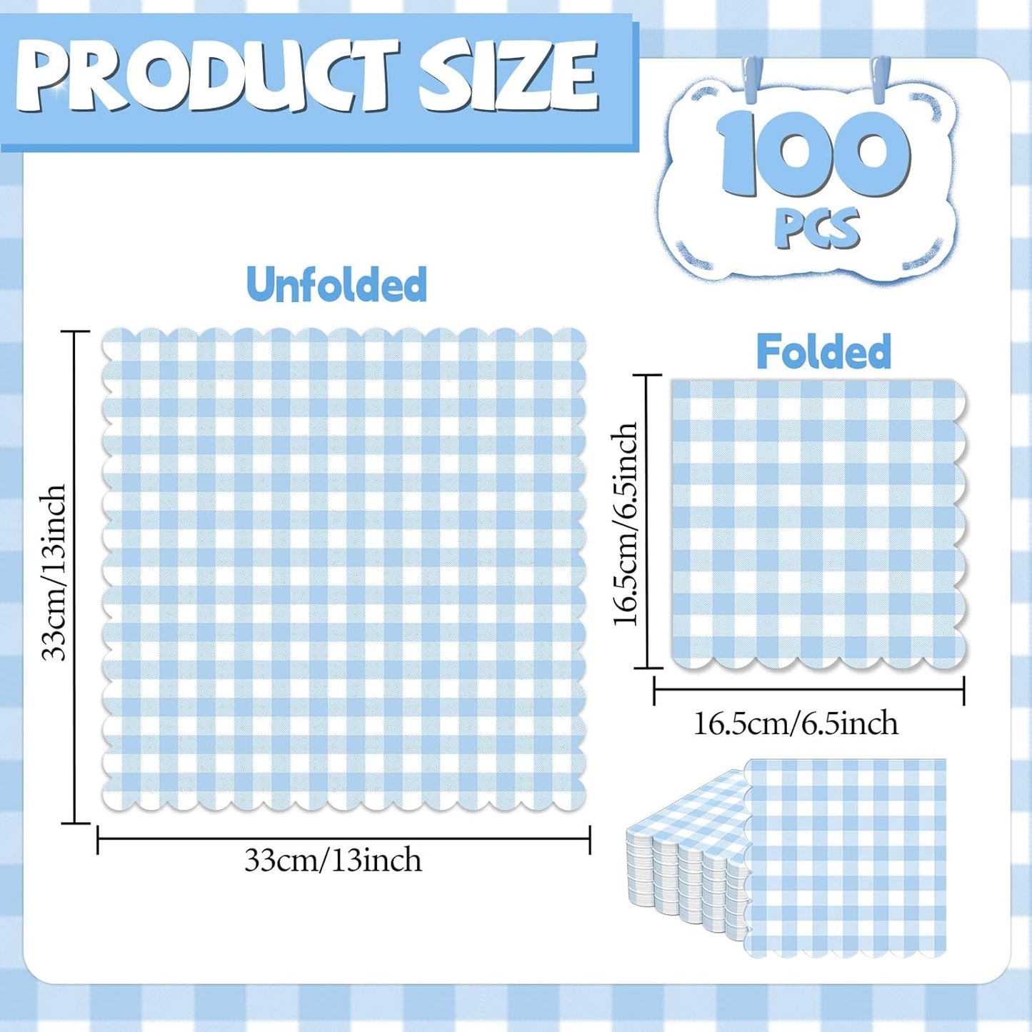 Skiennix 100Pcs Blue & White Scalloped Napkins - 6.5in Plaid Disposable Party Supplies for Weddings & Showers