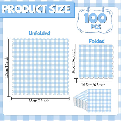 Skiennix 100Pcs Blue & White Scalloped Napkins - 6.5in Plaid Disposable Party Supplies for Weddings & Showers