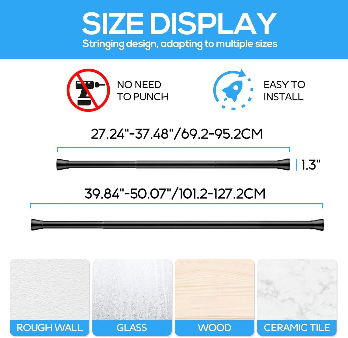 Skiennix Tension Curtain Rod - Adjustable 28-48 Inch Non-Slip Design for Windows & Closets