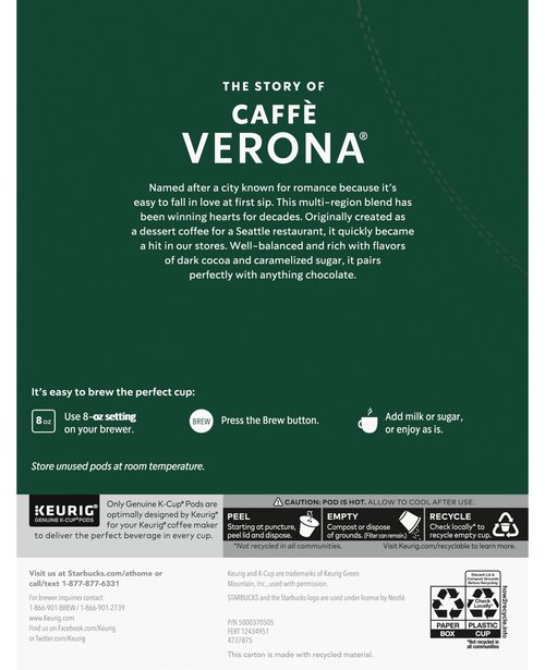 Starbucks Coffee K-Cup Pods, Caffè Verona, Dark Roast Coffee, Notes of Dark Cocoa & Caramelized Sugar, Keurig Genuine K-Cup Pods 24 Count (Pack of 2)