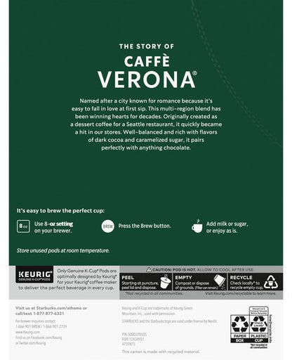 Starbucks Coffee K-Cup Pods, Caffè Verona, Dark Roast Coffee, Notes of Dark Cocoa & Caramelized Sugar, Keurig Genuine K-Cup Pods 24 Count (Pack of 2)