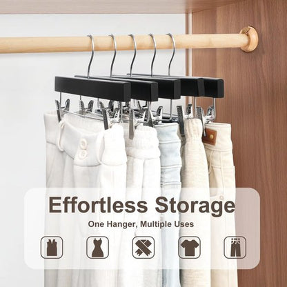 BAGAIL 20-Pack Wooden Pants Hangers - Adjustable Clips & 360° Swivel Hook | Space-Saving Skirt Holders (Black)