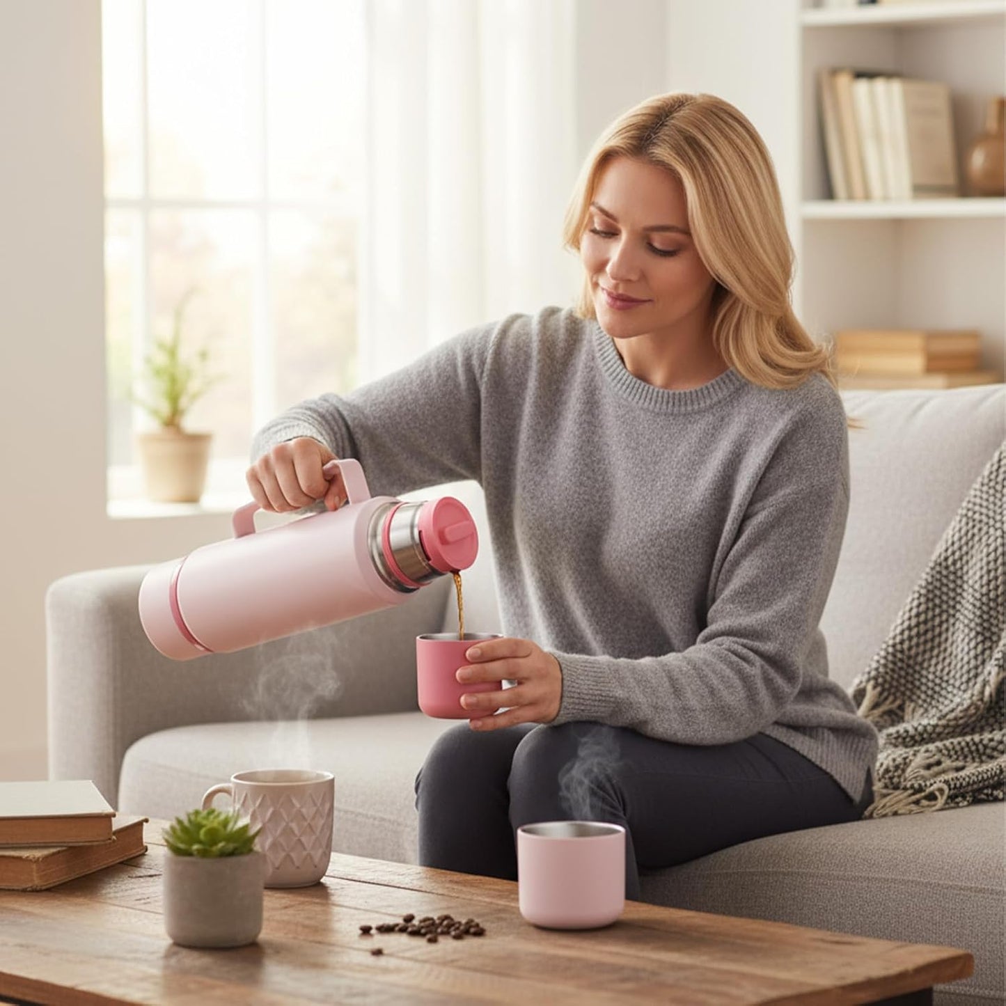 Skiennix Stainless Steel Insulated Water Bottle - Leak Proof, BPA-Free, 40 oz with 2 Sharing Mugs | Pink