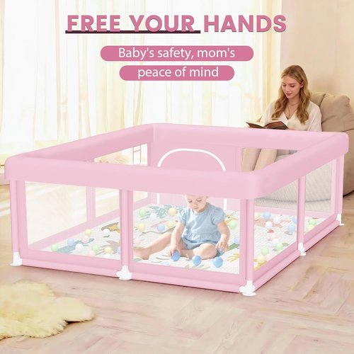 Hiaksedt Large Baby Playpen - Safe & Soft 50"x50" Playpen with Zipper Gates | Pink for Babies & Toddlers