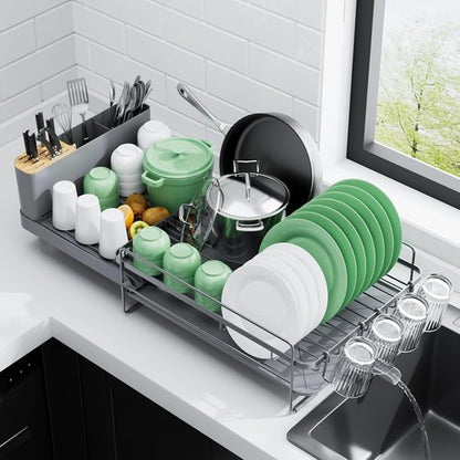 Kitsure Extendable Dish Drying Rack - Large Multifunctional Rack with Cutlery & Cup Holders | Grey, 18.2"-25.7" L x 12.9" W