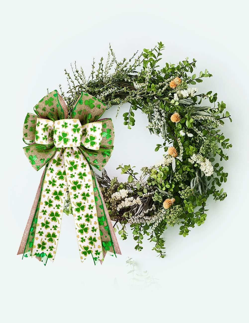 Patrick's Day Wreath Bow - Green Shamrock Ribbon for DIY Crafts & Party Decorations | 11x20 Inch