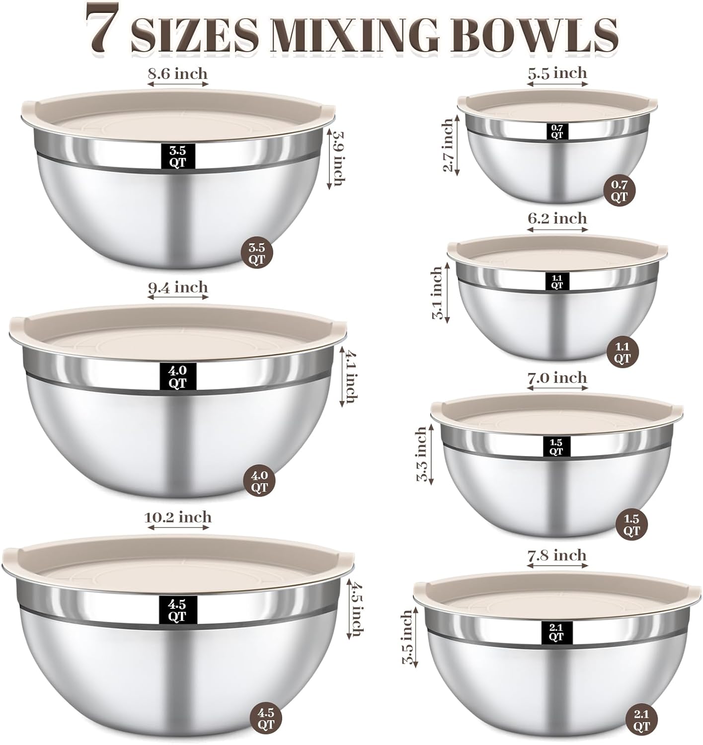 Stainless Steel Mixing Bowls Set by [Brand Name] - 7PCS with Lids for Baking & Meal Prep | Dishwasher Safe, Khaki