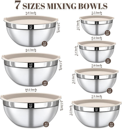 Stainless Steel Mixing Bowls Set by [Brand Name] - 7PCS with Lids for Baking & Meal Prep | Dishwasher Safe, Khaki