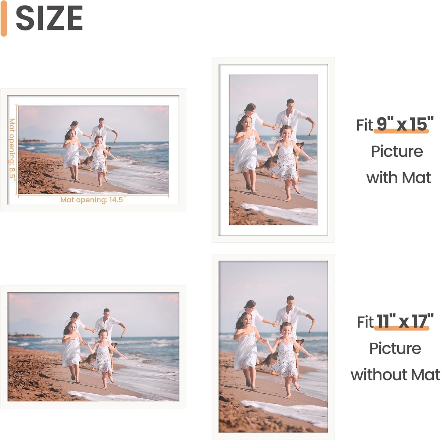 Upsimples 11x17 Picture Frame - Versatile Display for 9x15 with Mat or 11x17 Without - White, 1 Pack