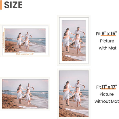 Upsimples 11x17 Picture Frame - Versatile Display for 9x15 with Mat or 11x17 Without - White, 1 Pack