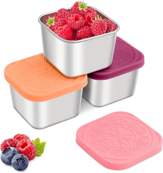 Qukaka Stainless Steel Snack Containers - Leak-Proof & Easy Open - 7.2oz, 3-Pack for Kids' Lunches