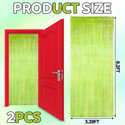 Fanfanwin Neon Green Streamers - 2 Pcs Foil Fringe Tinsel Backdrop Curtains for Parties | 3.28 x 8.2 ft