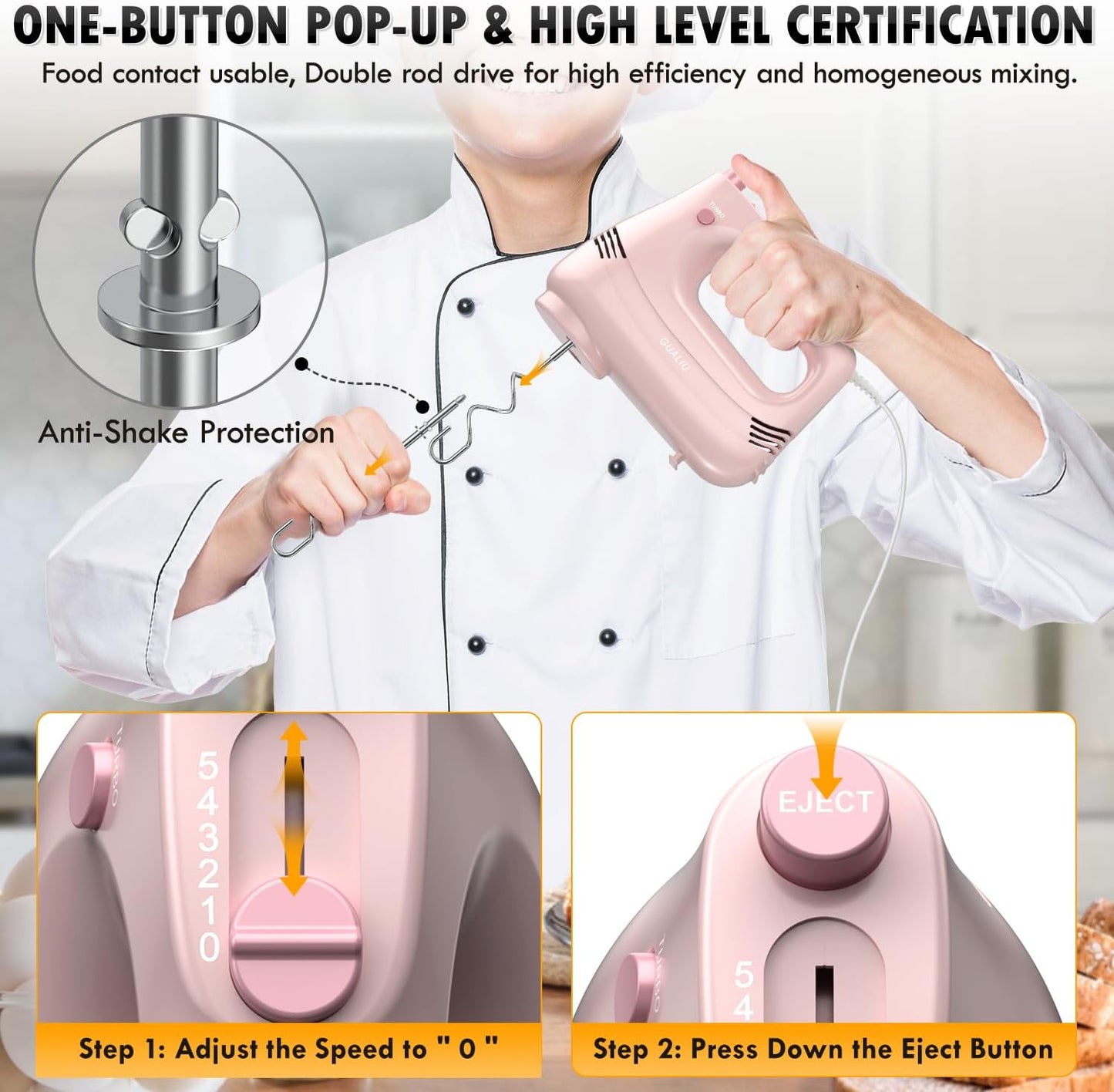 Skiennix Electric Hand Mixer - Stainless Steel Whisk & Dough Hook | 5-Speed Turbo Boost, Pink
