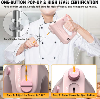 Skiennix Electric Hand Mixer - Stainless Steel Whisk & Dough Hook | 5-Speed Turbo Boost, Pink