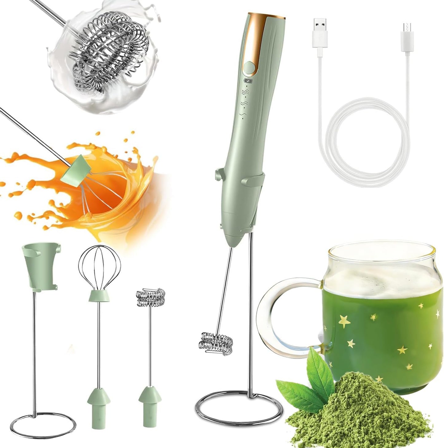 Skiennix Rechargeable Milk Frother - Handheld Coffee Foam Mixer with Stand & Detachable Whisk - Green