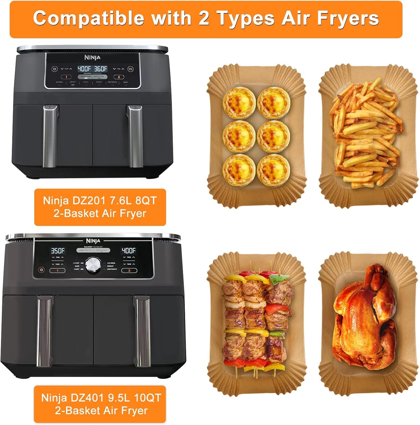 Ninja 200PCS Air Fryer Liners - Non-Stick Disposable Parchment Paper for DZ201/DZ401 | Food Grade (8.6 x 5.5 Inch)